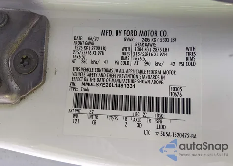 2020 Ford Transit Connect Xl z USA, uszkodzony, nr VIN NM0LS7E26L1481331
